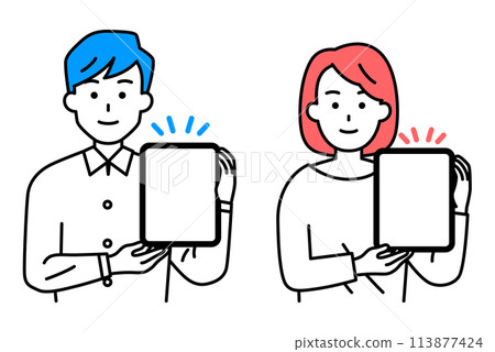 Casual men and women holding a tablet and explaining 113877424