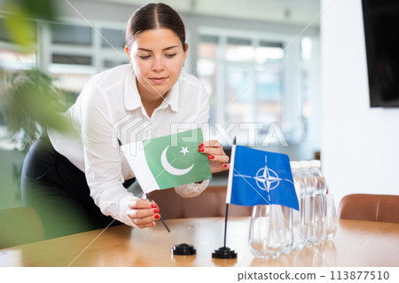 Businesswoman arranging the flags of NATO (OTAN) and Pakistan for presentation and negotiations Businesswoman arranging the flags of NATO (OTAN) and Pakistan for presentation and negotiations 113877510