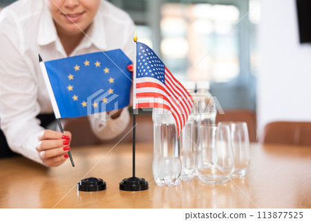Flags of EU and USA stand on negotiating table in office Flags of EU and USA stand on negotiating table in office 113877525