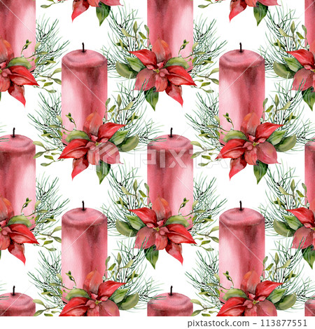 Christmas flower with red candle and pine tree branches seamless pattern. Hand drawn new year background , floral winter print for invitation, packing, greeting card design. Tradiitonal holly 113877551