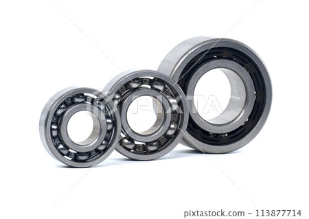 Deep groove ball bearings isolated on white background Deep groove ball bearings isolated on white background 113877714