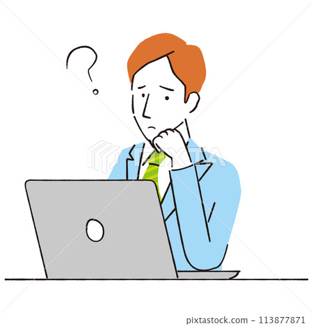 Hand-drawn line drawing illustration of a man in a suit worrying in front of a PC? Hand-drawn line drawing illustration of a man in a suit worrying in front of a PC? 113877871