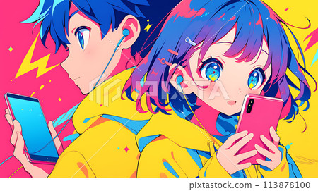 Men and women looking at smartphones together AI Men and women looking at smartphones together AI 113878100