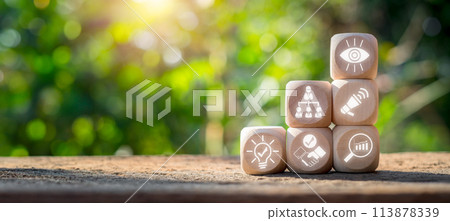 Business excellence concept, Wooden block on desk with vision, leadership, marketing, partnership, innovation and results icon on virtual screen. 113878339