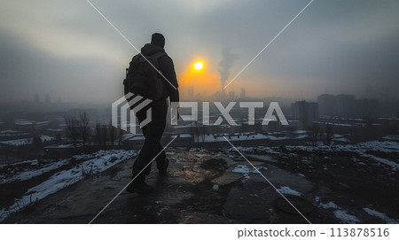 Soldier with backpack watching over war-torn city at dawn. Soldier with backpack watching over war-torn city at dawn. 113878516