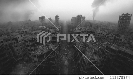 Panoramic view of a city with extensive destruction and smoke rising from buildings. Panoramic view of a city with extensive destruction and smoke rising from buildings. 113878574