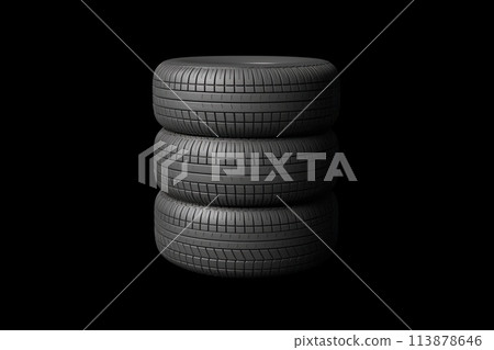 A close-up stack of four car tires, with a focused view on the treads, against a dark background for a sleek and elegant presentation. 113878646