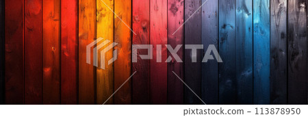 Weathered wooden boards bathed in a gradient of colorful neon lights, emphasizing texture. 113878950