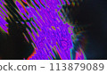 Intense Digital Glitch Pattern with Dynamic Blue and Purple Stripes on Black. 113879089