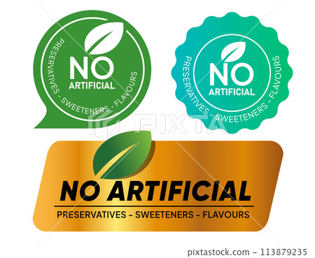 No artificial preservatives sweeteners flavors gold green leaves symbol stamp label symbol packaging sticker No artificial preservatives sweeteners flavors gold green leaves symbol stamp label symbol packaging sticker 113879235