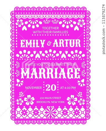 Wedding invitation , Mexican papel picado paper cut banner. Vector fuchsia colored invite card template with traditional floral pattern, in style of festive spirit of Mexico, joy, love and celebration Wedding invitation , Mexican papel picado paper cut banner. Vector fuchsia colored invite card template with traditional floral pattern, in style of festive spirit of Mexico, joy, love and celebration 113879274