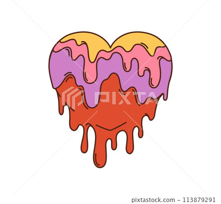 Groovy cartoon retro hippie love melt heart for Valentine or wedding, vector icon. 70s hippie and groovy cartoon heart with syrup melt or candy flow for romance and love sticker or t-shirt print Groovy cartoon retro hippie love melt heart for Valentine or wedding, vector icon. 70s hippie and groovy cartoon heart with syrup melt or candy flow for romance and love sticker or t-shirt print 113879291