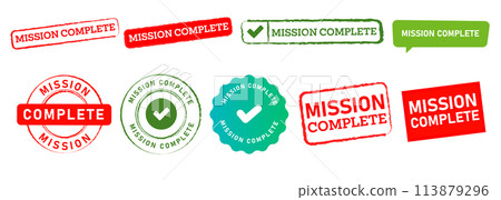 mission complete stamp seal emblem and speech bubble sign success done 113879296