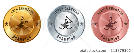 Rowing race paddling people nautical sport competition award gold silver bronze color medal 113879305
