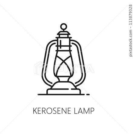 Light and vintage kerosene lamps thin line icon. Miner vintage light equipment, retro kerosene lantern, camping old gas or oil lamp linear vector symbol or outline pictogram 113879328