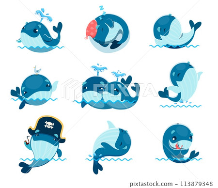 Cartoon cute kawaii whale characters. Funny sea water animals vector personages set of blue and humpback whales with happy smiles splashing water spouts through blowholes, swimming and jumping 113879348