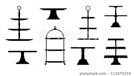 Tea cake platter, wedding pie stand and tray isolated silhouettes. Vector display stands and pedestal plates for dessert food and pastry dishes. Cake, pie, cupcake, cookie and candy vintage platters Tea cake platter, wedding pie stand and tray isolated silhouettes. Vector display stands and pedestal plates for dessert food and pastry dishes. Cake, pie, cupcake, cookie and candy vintage platters 113879358