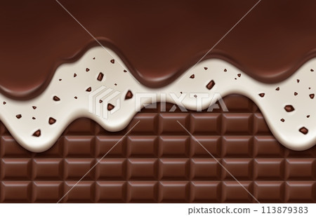 Realistic chocolate drip melt with chips and cream. 3d vector choco bar background with splash of cocoa and creamy wave, drops or splatter of milk and stracciatella. Sweet liquid melting candy dessert Realistic chocolate drip melt with chips and cream. 3d vector choco bar background with splash of cocoa and creamy wave, drops or splatter of milk and stracciatella. Sweet liquid melting candy dessert 113879383