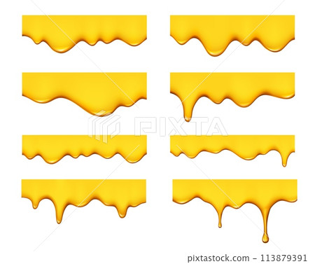 Sweet yellow honey drip and melt. Isolated realistic 3d vector borders set with oil or liquid syrup drips and flows. Drops of pure yellow honey or sauce, melted caramel, dessert or lubricant smudges 113879391