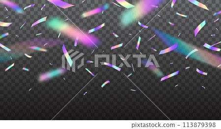 Holographic confetti, falling festive colorful glitters. Vector background with rainbow iridescent overlay texture, holiday foil hologram tinsel and serpentine with bokeh light effect and color glare 113879398