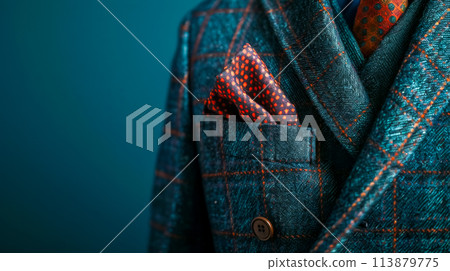 Elegant suit with pocket square on teal background 113879775
