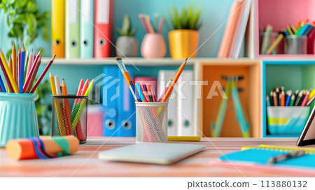 A neatly arranged stationery, vibrant organizers, and a tablet. Generative AI. A neatly arranged stationery, vibrant organizers, and a tablet. Generative AI. 113880132