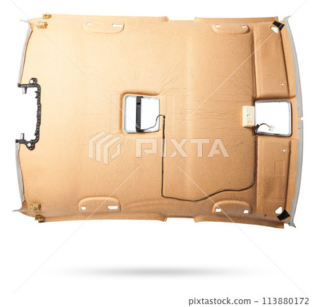 Finishing the gray ceiling roof from a car removed and disassembled for repair and hauling with new material after prolonged use or during tuning. Auto service industry. Spare parts catalog. 113880172
