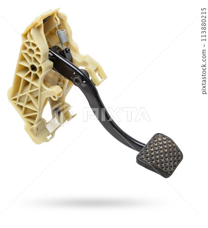 Brake pedal on a white isolated background in a photo studio for sale in a car service. Black auto part for replacement during repair in the workshop. Spare part junkyard. 113880215