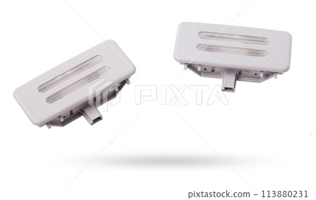 A  transparent plastic shade for illuminating the interior on a white isolated background in a photo studio - spare parts for repairing a car interior or for sale in a auto service. 113880231