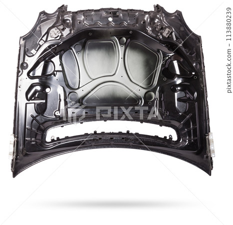Black iron hood on an isolated background in a photo studio separately after staining and straightening. Bonnet in a car service for sale. Black iron hood on an isolated background in a photo studio separately after staining and straightening. Bonnet in a car service for sale. 113880239