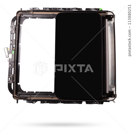 Close-up on the sunroof of a car on a white isolated background. Catalog of spare parts and accessories for vehicles. Close-up on the sunroof of a car on a white isolated background. Catalog of spare parts and accessories for vehicles. 113880251