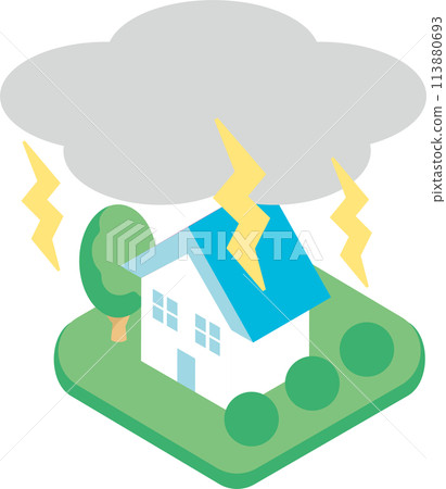 Isometric icon decoration house housing disaster lightning strike thunder storm illustration material 113880693