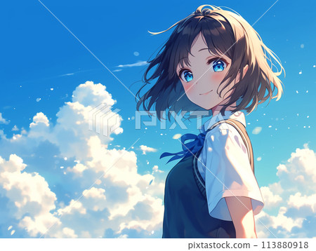 可愛的高中女生插畫 可愛的高中女生插畫 113880918