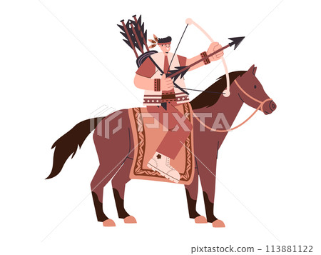 Native American tribe archery bow arrow and riding brown color horse illustration Native American tribe archery bow arrow and riding brown color horse illustration 113881122