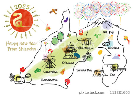 Illustrated map of tourist spots in Shizuoka prefecture New Year's card 2025 113881603