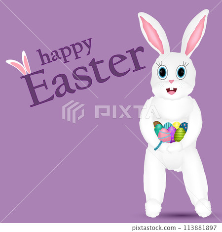 White hare smiling and holding decorated multicolored Easter eggs in his paws. Purple background. Happy Easter inscription. Vector color drawing White hare smiling and holding decorated multicolored Easter eggs in his paws. Purple background. Happy Easter inscription. Vector color drawing 113881897