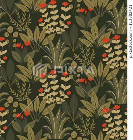 Vector surface design with flat hand drawn plants with flowers on dark background. Seamless pattern with bushes at night. Texture with various leaves 113882421