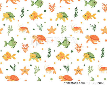 Nautical seamless pattern with cute sea animals. Marine print for fabric and nursery. Nautical seamless pattern with cute sea animals. Marine print for fabric and nursery. 113882863