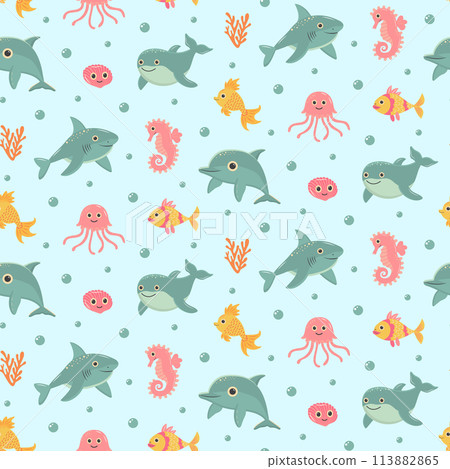 Nautical seamless pattern with cute sea animals. Marine print for fabric and nursery. 113882865