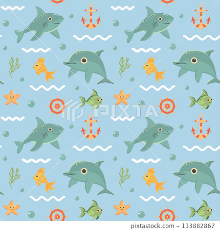 Nautical seamless pattern with cute sea animals. Marine print for fabric and nursery. Nautical seamless pattern with cute sea animals. Marine print for fabric and nursery. 113882867