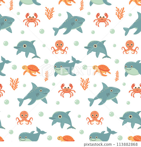 Nautical seamless pattern with cute sea animals. Marine print for fabric and nursery. 113882868