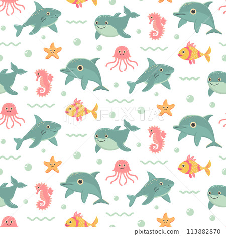Nautical seamless pattern with cute sea animals. Marine print for fabric and nursery. 113882870