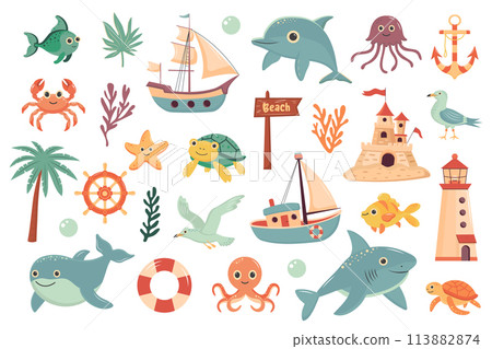 Nautical summer set. Cute sea animals, nautical elements, marine plants. Summer holidays, tropical vacation, maritime, sea coast, marine life, nautical concept. Nautical summer set. Cute sea animals, nautical elements, marine plants. Summer holidays, tropical vacation, maritime, sea coast, marine life, nautical concept. 113882874