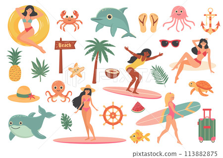 Nautical beach set. Surfing, cute sea animals, women in swimsuits, summer items, exotic plants. Nautical beach set. Surfing, cute sea animals, women in swimsuits, summer items, exotic plants. 113882875