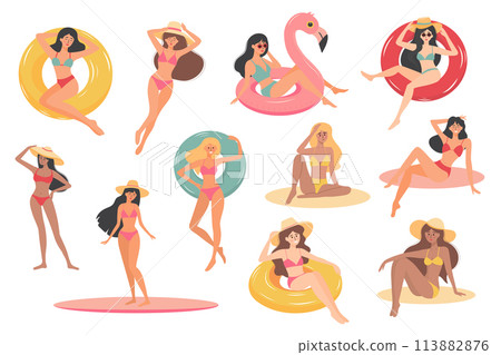 Beautiful summer girls in swimsuits with different skin colors. Women in bikinis on inflatable rings, on a surfboard, sunbathing, relaxing. 113882876