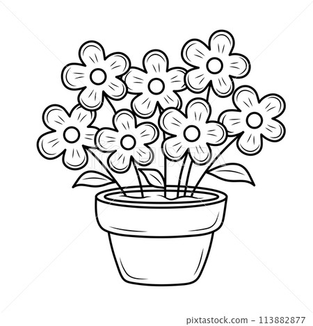 Indoor home plant with flowers in a pot. Line art doodle houseplant. Coloring book for kids. Indoor home plant with flowers in a pot. Line art doodle houseplant. Coloring book for kids. 113882877