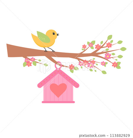 Cute bird siiting on the flower blooming branch and birdhouse hanging. Springtime concept. Cute bird siiting on the flower blooming branch and birdhouse hanging. Springtime concept. 113882929