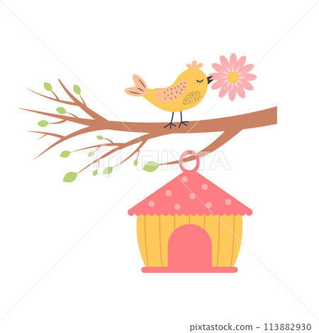 Cute bird with flower sitting on branch and birdhouse hanging. Springtime concept. Cute bird with flower sitting on branch and birdhouse hanging. Springtime concept. 113882930