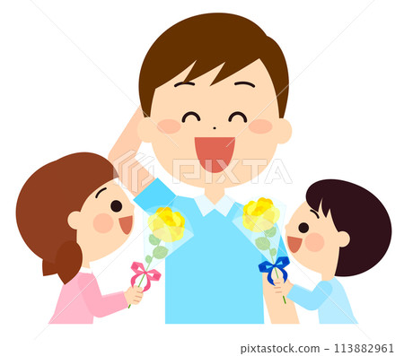 Children giving their father a bouquet for Father's Day Children giving their father a bouquet for Father's Day 113882961