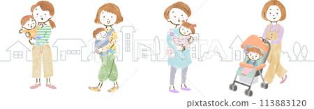 Hand-drawn illustration of mothers raising children and the cityscape 113883120